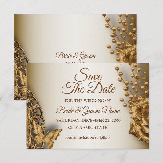 Wedding Golden Beige Floral Butterfly  Save The Date (Voorkant / Achterkant)
