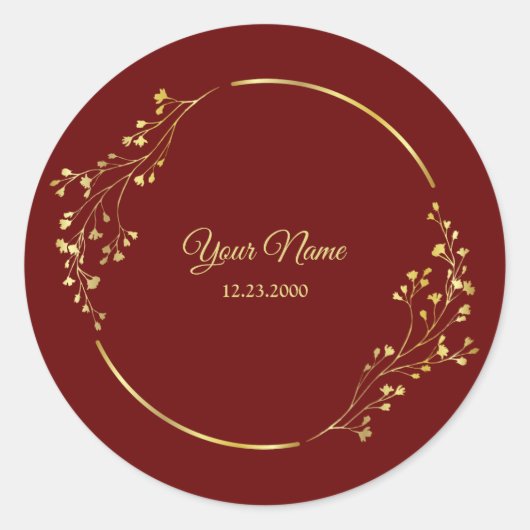 Wedding Golden Floral Geometric Wreath Red Party  Ronde Sticker (Voorkant)