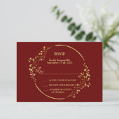 Wedding Golden Floral Geometric Wreath Red RSVP Kaartje (Staand voorkant)