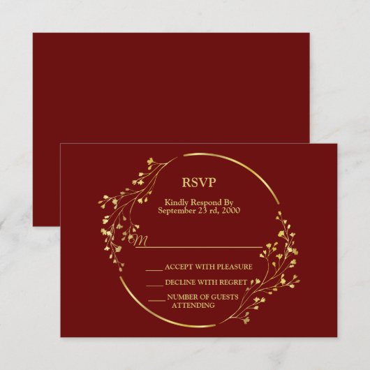Wedding Golden Floral Geometric Wreath Red RSVP Kaartje (Voorkant / Achterkant)