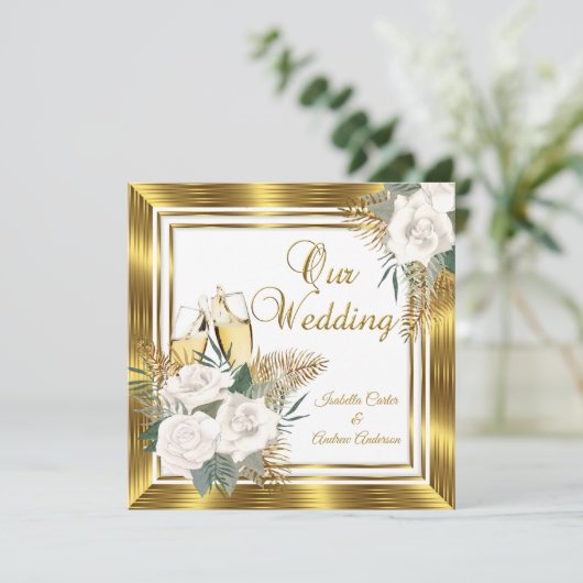 Wedding Golden White Rose Champagne Gold Kaart (Staand voorkant)