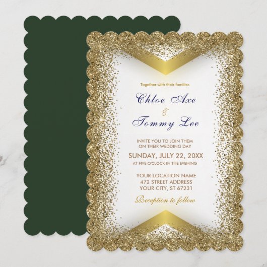 Wedding Green Gold Glitter Uitnodiging (Voorkant / Achterkant)