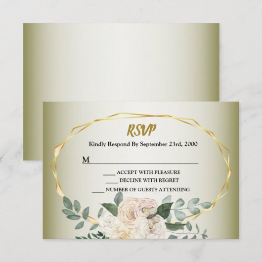 Wedding Greenery Leaves Pink Floral Gold Geometric RSVP Kaartje (Voorkant / Achterkant)