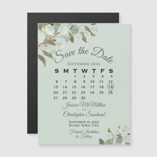 Wedding Greenery Save the Date Calendar Mint Sage Magnetische Uitnodiging (Voorkant / Achterkant)