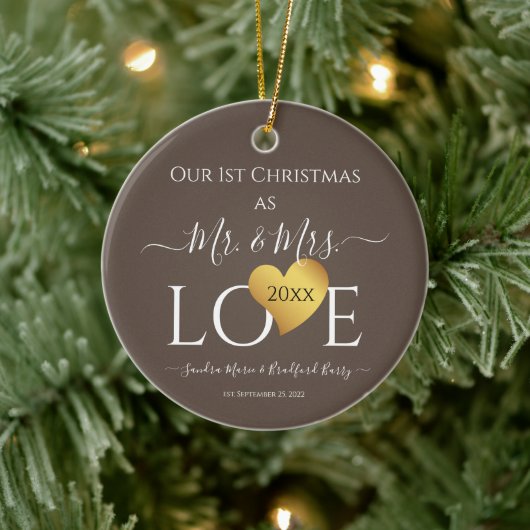 Wedding Grey Gold Heart kerstnaam Mr Mrs. Keramisch Ornament (Boom)