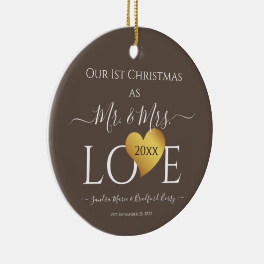 Wedding Grey Gold Heart kerstnaam Mr Mrs. Keramisch Ornament (Rechts)