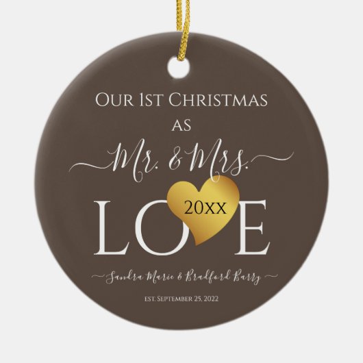 Wedding Grey Gold Heart kerstnaam Mr Mrs. Keramisch Ornament (Voorkant)