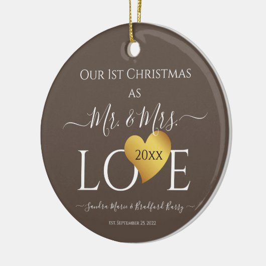 Wedding Grey Gold Heart kerstnaam Mr Mrs. Keramisch Ornament (Links)