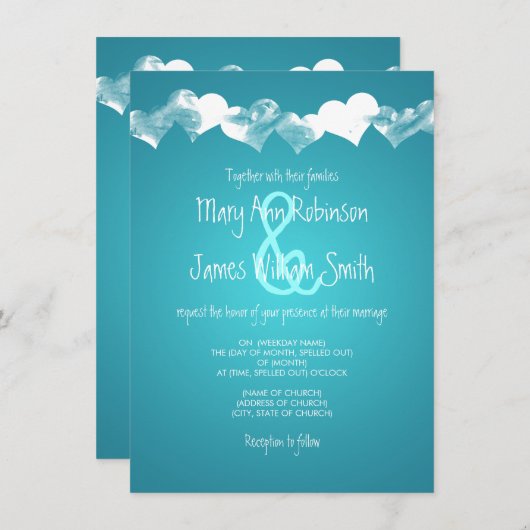 Wedding Grunge Hearts Turquoise Kaart (Voorkant / Achterkant)