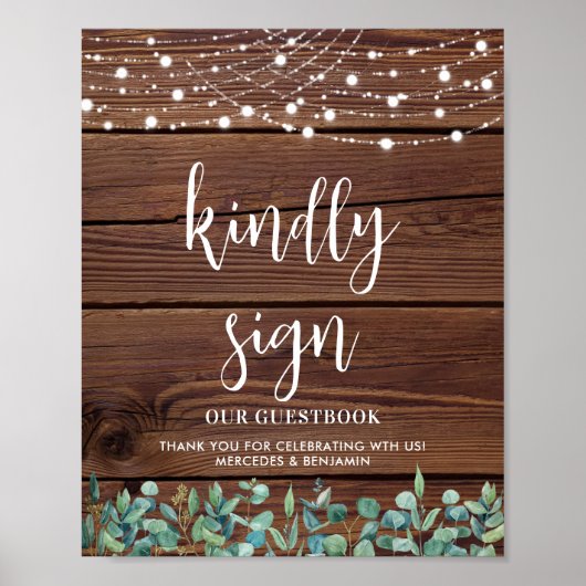 Wedding Guest Rustic Wood Greenery String Lights Poster (Voorkant)