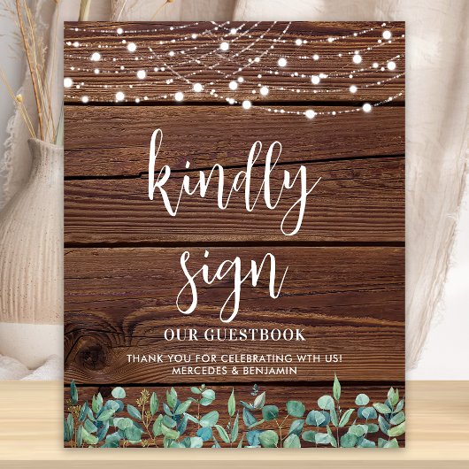 Wedding Guest Rustic Wood Greenery String Lights Poster