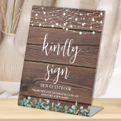 Wedding Guest Rustic Wood Greenery String Lights Reclamebord Met Voetstuk