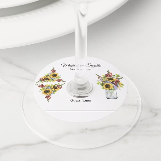 Wedding Guest Wine Marker Identifier Zonnebloem Wijnglaslabel (Dichtbij)