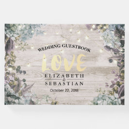 Wedding Guestbook Floral String Lights Rustic Wood Gastenboek
