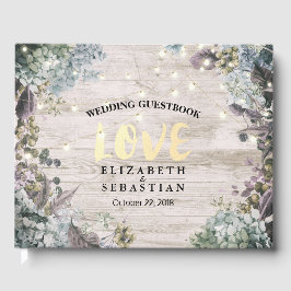 Wedding Guestbook Floral String Lights Rustic Wood Gastenboek