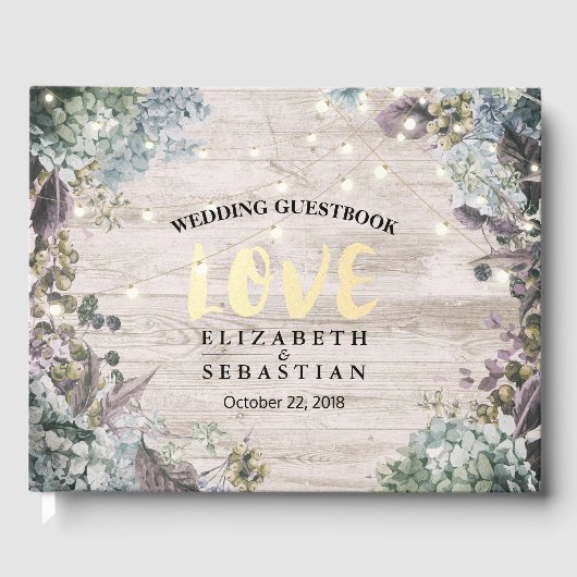 Wedding Guestbook Floral String Lights Rustic Wood Gastenboek (Voorkant)