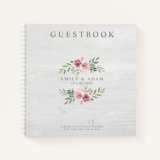 Wedding GuestBook Foto op hout op roze krans Notitieboek (Voorkant)