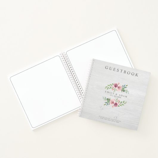 Wedding GuestBook Foto op hout op roze krans Notitieboek (Binnen)