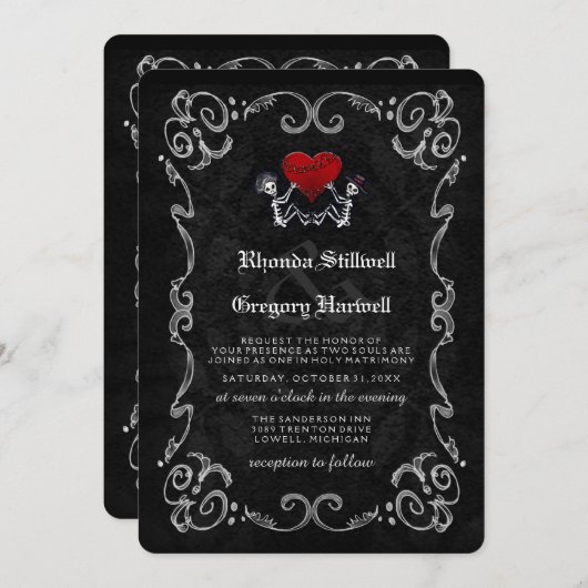 Wedding Halloween Skeletons & Heart Invitation Kaart (Voorkant / Achterkant)