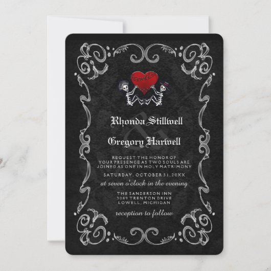 Wedding Halloween Skeletons & Heart Invitation Kaart (Voorkant)