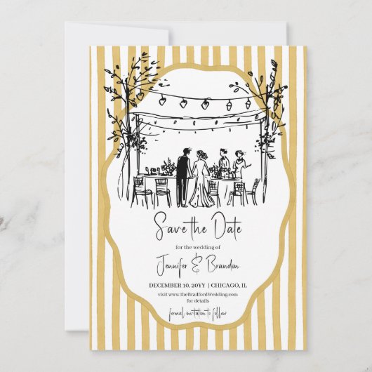Wedding hand sketched mustard striped kaart (Achterkant)