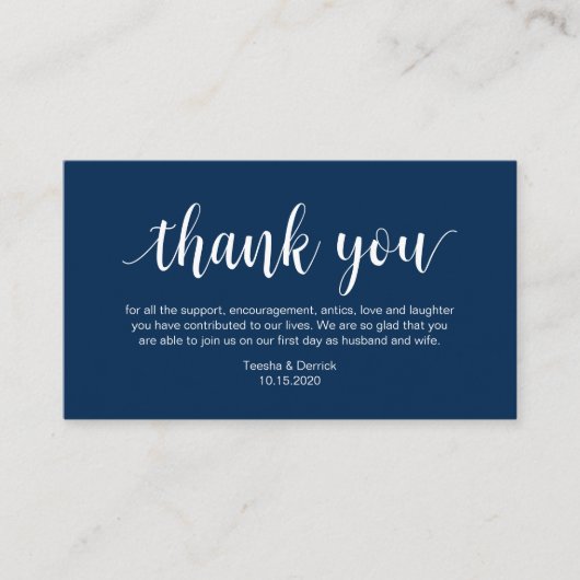 Wedding Hartelijk dank, modern Navy Blue Script Informatiekaartje (Voorkant)