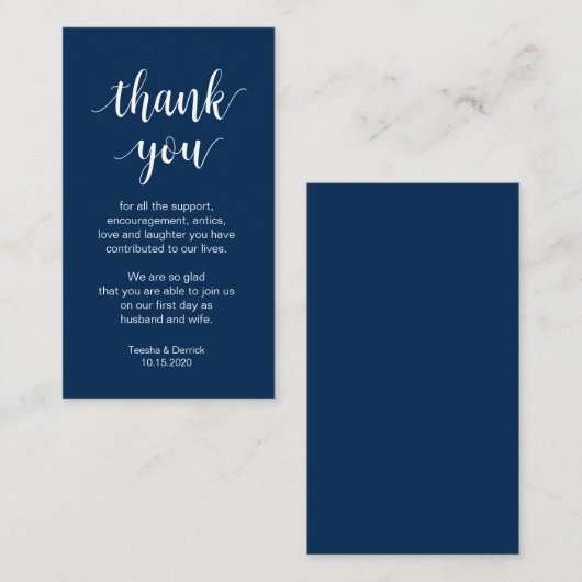 Wedding Hartelijk dank, modern Navy Blue Script Informatiekaartje (Voorkant / Achterkant)