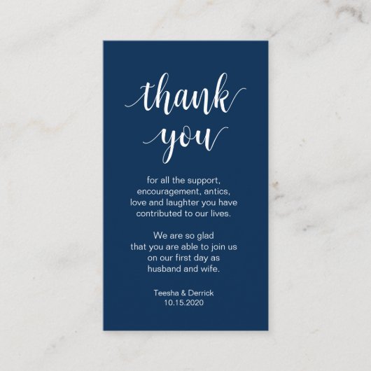 Wedding Hartelijk dank, modern Navy Blue Script Informatiekaartje (Voorkant)