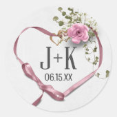 Wedding Heart Ribbon met Monogram Ronde Sticker (Voorkant)