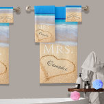 Wedding Hearts in Sand Family Monogram, Brides Mrs Bad Handdoek<br><div class="desc">Wedding Hearts in Sand Family Monogram,  Brides Mrs. Towel.</div>