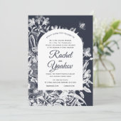 Wedding Hebrew Floral Navy White Woodcut Kaart (Staand voorkant)