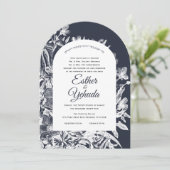 Wedding Hebrew  Floral Navy White Woodcut Kaart (Staand voorkant)