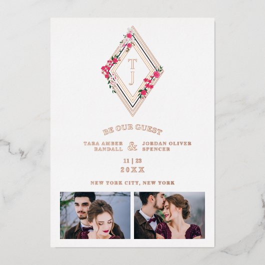 Wedding Initials 2 Photos Real Rose Gold Effect  Folie Uitnodiging (Voorkant)