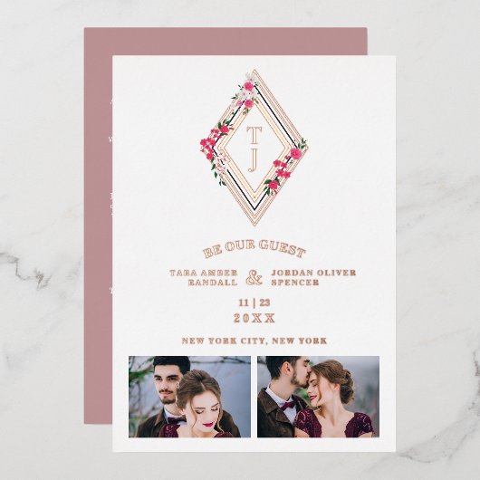 Wedding Initials 2 Photos Real Rose Gold Effect  Folie Uitnodiging (Voorkant / Achterkant)