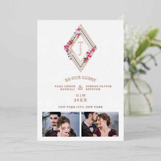 Wedding Initials 2 Photos Real Rose Gold Effect  Folie Uitnodiging (Staand Voorkant)