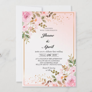 wedding invation pink golde with flowers kaart