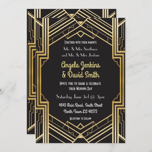 Wedding Invitation 1920: zwart en gouden kunst Dec Kaart (Voorkant / Achterkant)