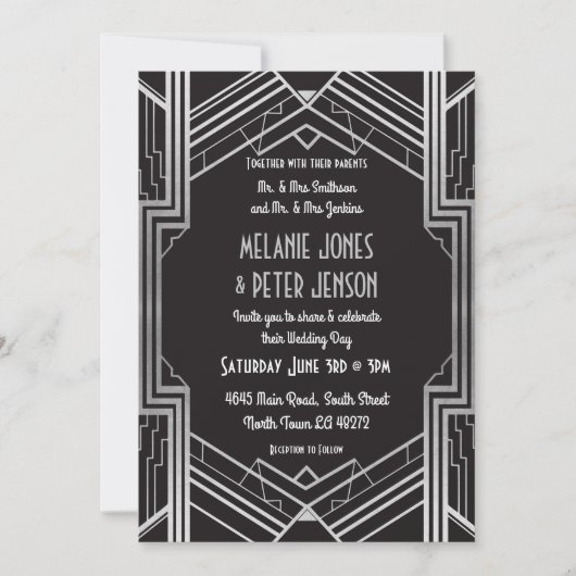 Wedding Invitation 1920: zwart en zilver art Deco Kaart (Voorkant)