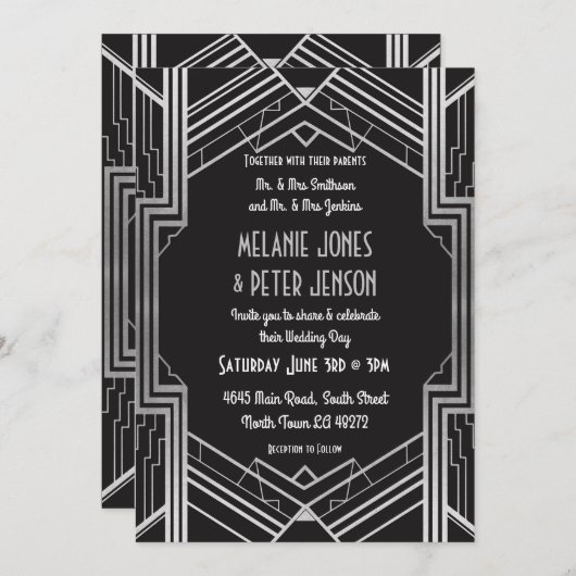 Wedding Invitation 1920: zwart en zilver art Deco Kaart (Voorkant / Achterkant)