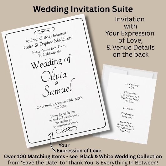 Wedding Invitation Black & White with Infinity Kaart