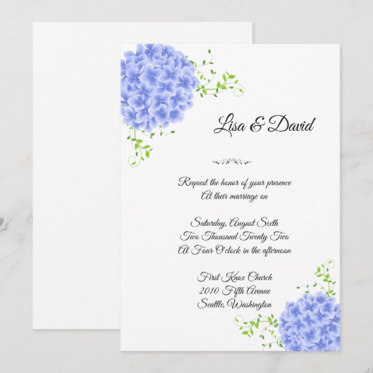 Wedding Invitation-Blue Hydrangeas Invitation Kaart (Voorkant / Achterkant)