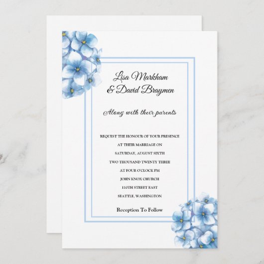 Wedding Invitation-Blue Hydrangeas Invitation Kaart (Voorkant / Achterkant)