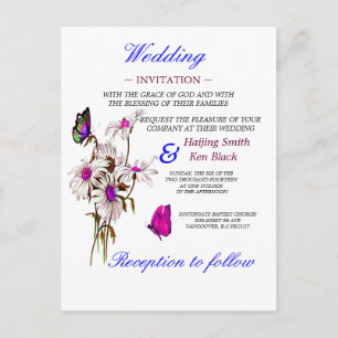 Wedding Invitation Butterflies met roze Daisies Uitnodiging Briefkaart