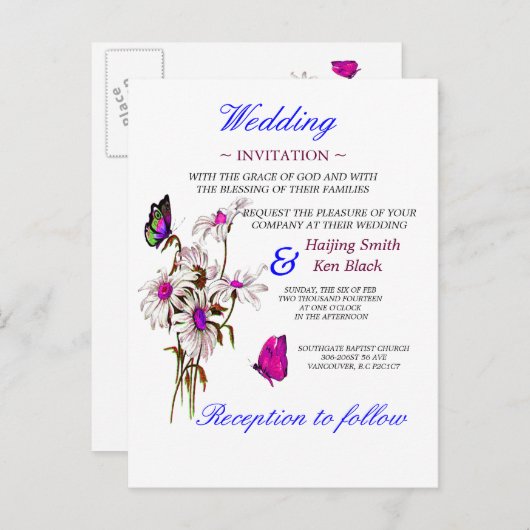 Wedding Invitation Butterflies met roze Daisies Uitnodiging Briefkaart (Voorkant / Achterkant)