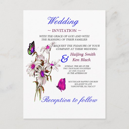 Wedding Invitation Butterflies met roze Daisies Uitnodiging Briefkaart (Voorkant)