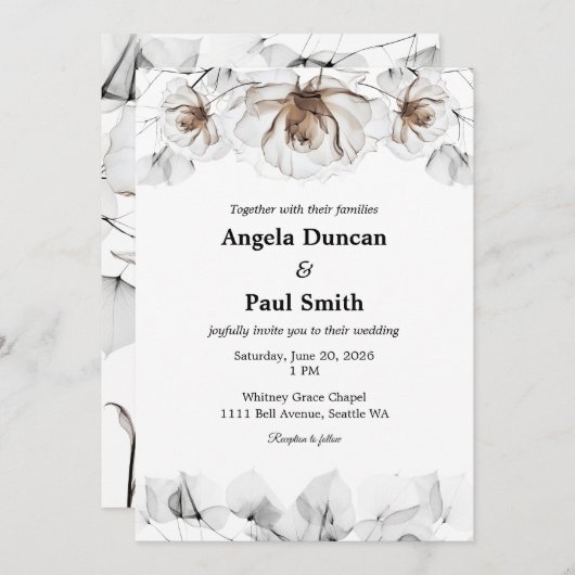 Wedding Invitation Card Soft Rose, Leaf Leaves Kaart (Voorkant / Achterkant)