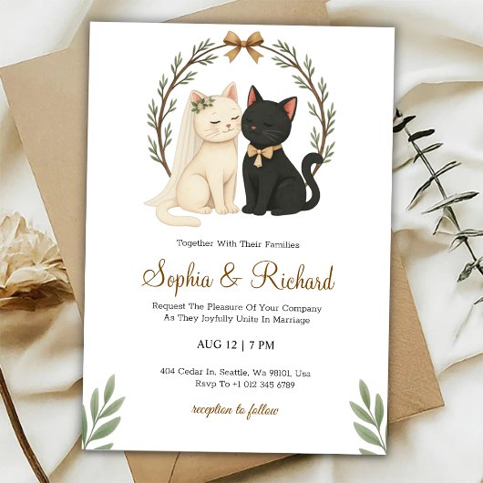 Wedding invitation card with a beige and black cat kaart