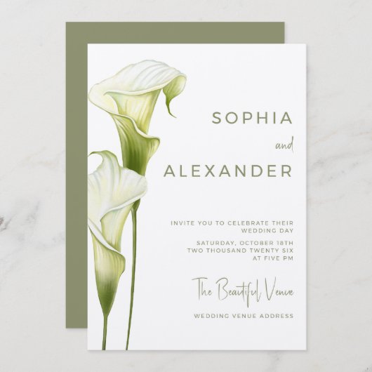 Wedding Invitation "Delicate Calla Lilies" Kaart (Voorkant / Achterkant)