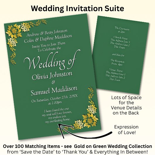 Wedding Invitation Emerald Green Gold White  Kaart