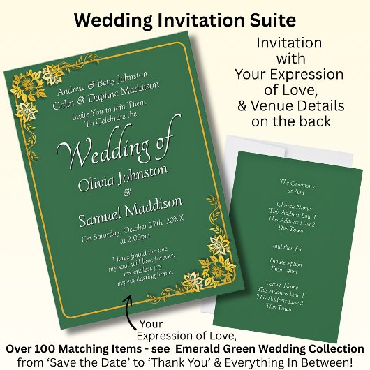 Wedding Invitation Emerald Green Gold White  Kaart